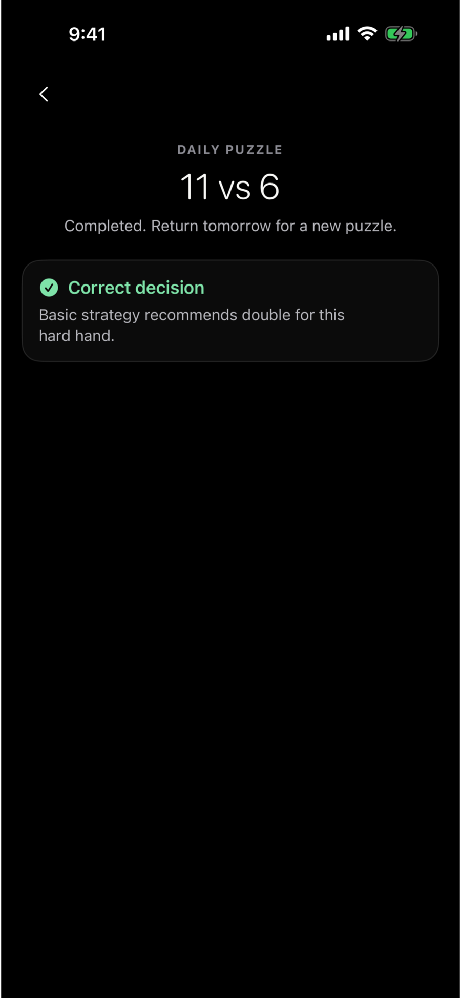 DoubleDeck's Daily Hand mastery screen showing strategy progress and performance.