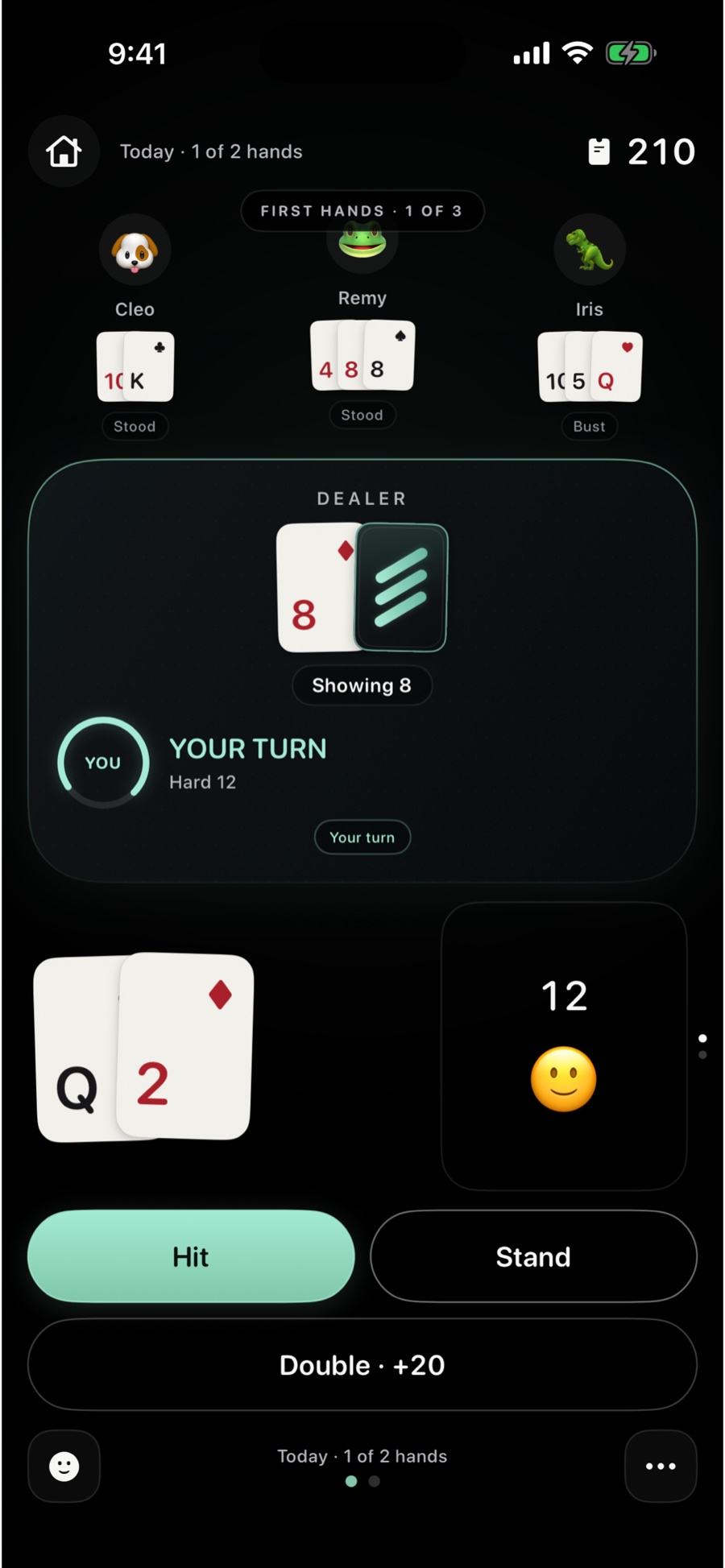 A real DoubleDeck blackjack decision showing a hard 12 against a dealer 8, with Hit, Stand and Double controls.