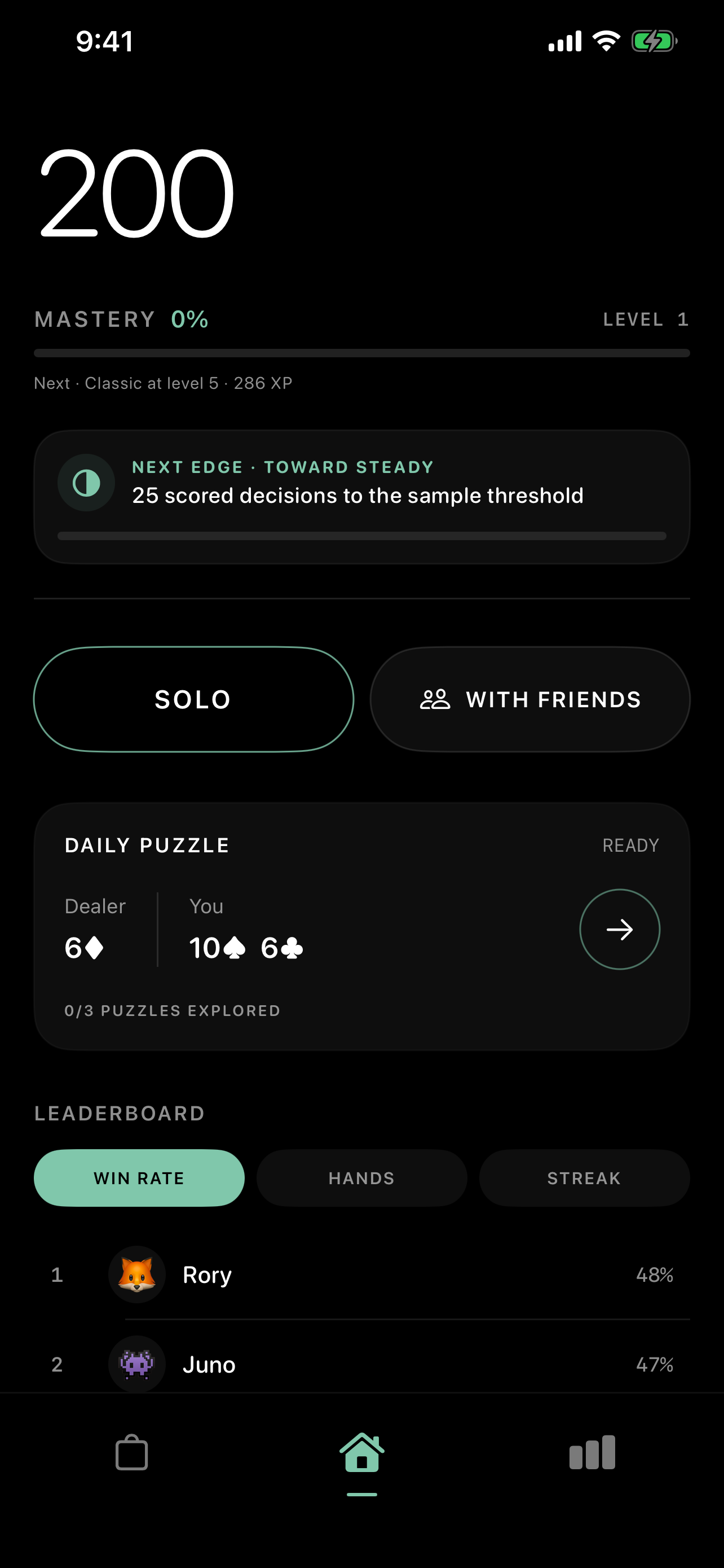 The DoubleDeck home screen with a prominent Deal button, Daily Hand and progression overview.