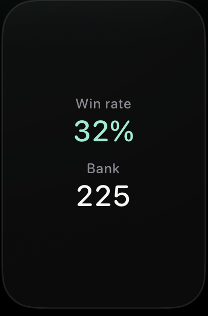 The in-game DoubleDeck profile panel showing a 32 percent win rate and a bank of 225.