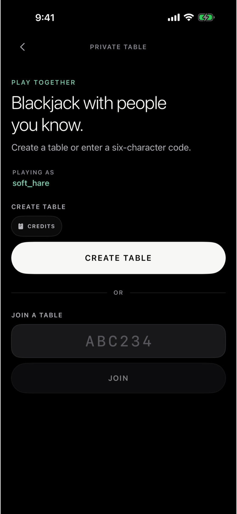 A DoubleDeck private table lobby with a six-character invite code and player seats.