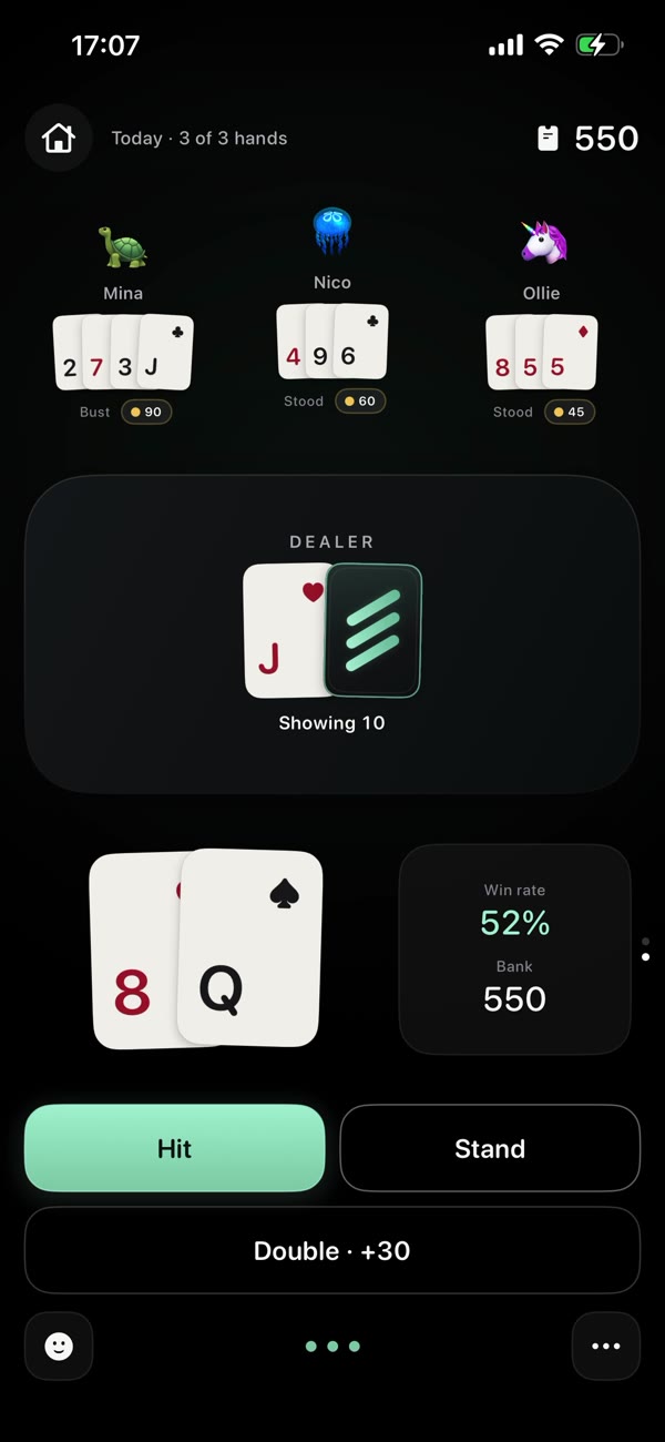 DoubleDeck Solo blackjack: a hand of 18, the dealer showing 10, and Hit, Stand and Double controls.
